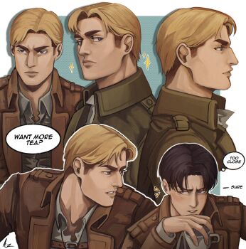 2boys aquiline_nose arizawasan belt belt_buckle brown_belt brown_jacket buckle chest_belt closed_mouth collared_jacket collared_shirt commentary cup english_text erwin_smith eye_contact hashtag-only_commentary highres holding holding_cup jacket layered_sleeves levi_(shingeki_no_kyojin) long_sleeves looking_at_another looking_to_the_side male_focus multiple_boys multiple_views nose open_clothes open_jacket paradis_military_uniform shingeki_no_kyojin shirt sideburns sideways_glance sparkle speech_bubble thick_eyebrows thought_bubble upper_body white_shirt wing_collar
