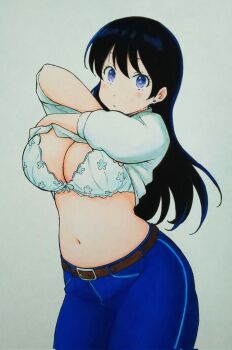 1girl arato_nagi black_hair blue_eyes bra breasts cleavage clothes_lift curvy denim ear_piercing gyupolo9 highres jeans long_hair navel pants piercing ruri_no_houseki shirt_lift simple_background traditional_media underwear white_background