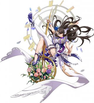 1girl ankle_ribbon asymmetrical_legwear black_garter_straps black_ribbon blue_eyes blue_flower blue_rose breasts brown_hair cape clock clock_face collar corset dress falling_petals floating floating_clothes flower flower_wreath framed_breasts frilled_dress frilled_thigh_strap frills full_body game_cg garter_straps glasses grin hair_flower hair_ornament hair_over_one_eye high_heels holding holding_pendulum langrisser langrisser_mobile langrisser_re:incarnation large_breasts leg_ribbon leg_up legs long_hair looking_at_viewer looking_over_eyewear mariel_(langrisser) multicolored_dress official_alternate_costume official_art outstretched_arm parted_lips pendulum petals pink_flower pink_rose purple_collar purple_dress purple_flower purple_rose purple_shoes reaching reaching_towards_viewer ribbon rose rose_petals semi-rimless_eyewear shoes short_sleeves simple_background single_thighhigh single_wrist_cuff sitting sitting_on_object smile solo swinging_legs tachi-e thigh_strap thighhighs third-party_source transparent_background under-rim_eyewear very_long_hair waist_cape white_cape white_dress white_thighhighs wreath wrist_cuffs zettai_ryouiki