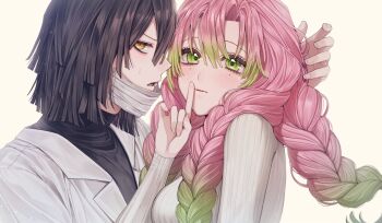 2ixkl18968 arm_around_neck black_hair black_shirt blunt_ends blush braid breasts commentary_request couple finger_to_mouth furrowed_brow gradient_hair green_eyes green_hair hair_between_eyes hetero highres iguro_obanai jacket kanroji_mitsuri kimetsu_no_yaiba korean_commentary long_hair medium_breasts medium_hair mole mole_under_each_eye mole_under_eye multicolored_hair multiple_braids multiple_moles parted_lips pink_hair shirt suit_jacket sweater upper_body white_background white_jacket white_sweater yellow_eyes