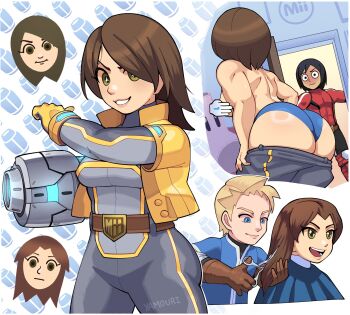 1girl 2boys abs arm_cannon ass black_hair blonde_hair blue_eyes blue_panties blue_tunic blush bodysuit brown_gloves brown_hair censored commentary cowboy_shot cropped_jacket cutting_another's_hair cutting_hair english_commentary gloves green_eyes grey_bodysuit grin hand_cursor head_only highres holding holding_scissors indoors jacket long_hair long_sleeves medium_hair mii_(nintendo) mii_brawler mii_brawler_(smash_ultimate) mii_gunner mii_gunner_(smash_4) mii_gunner_(smash_ultimate) mii_swordfighter mii_swordfighter_(smash_ultimate) multiple_boys multiple_views nintendo no_sclera novelty_censor open_clothes open_door open_jacket open_mouth panties red_shirt scissors shirt short_hair short_sleeves smile solo solo_focus sparkling_eyes super_smash_bros. surprised topless_female tunic underwear undressing walk-in weapon wide-eyed yamouri yellow_gloves yellow_jacket