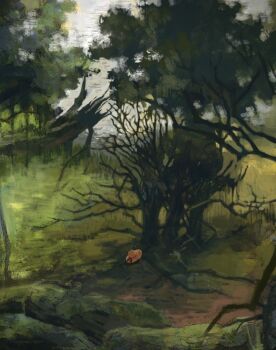 commentary_request day forest green_theme hat nao1524 nature no_humans original outdoors scenery straw_hat tree unworn_hat unworn_headwear