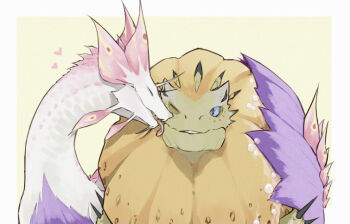 Rule 34 | blue sclera, border, closed eyes, colored sclera, commentary request, fins, head fins, heart, licking, licking another's face, mizutsune, monster, monster focus, monster hunter (series), no humans, one eye closed, parted lips, purple fur, red eyes, royal ludroth, simple background, soap bubbles, taneimo drop, white border, yellow background