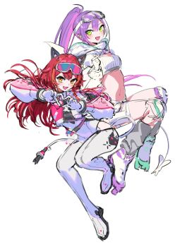 Rule 34 | 2girls, absurdres, bodysuit, breasts, commentary request, goggles, goggles on head, green eyes, hair between eyes, highres, hololive, looking at viewer, medium breasts, multicolored hair, multiple girls, nekota tsuna, nemoto yuuma, official alternate costume, official alternate hairstyle, purple hair, red hair, simple background, thighs, tokoyami towa, tokoyami towa (cyberpunk), two-tone hair, virtual youtuber, vspo!, white background, white bodysuit, white hair, yellow eyes