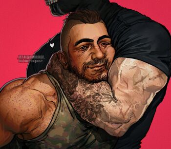 2boys arm_tattoo bara biceps black_hair black_shirt blush call_of_duty call_of_duty:_modern_warfare_2 closed_mouth couple ghost_(modern_warfare_2) green_tank_top heart highres large_pectorals male_focus mask multiple_boys muscular muscular_male pectorals pink_background shirt short_hair simple_background skull_mask smile soap_(modern_warfare_2) tank_top tattoo twitter_username umikochannart yaoi