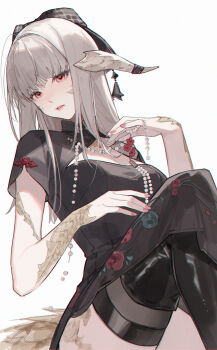 1girl absurdres au_ra black_boots black_dress black_thighhighs boots breasts china_dress chinese_clothes chromatic_aberration cleavage commentary_request dress final_fantasy final_fantasy_xiv grey_hair highres horns long_hair nail_polish parted_lips red_eyes red_nails scales side_slit simple_background solo thighhighs thighhighs_under_boots tochigi_1990 warrior_of_light_(ff14) white_background