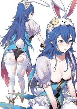 1girl ameno_(a_meno0) animal_ears ass blue_eyes blue_hair breasts cleavage collarbone fake_animal_ears fake_tail fire_emblem fire_emblem_awakening fire_emblem_heroes flower hair_between_eyes long_hair lucina_(fire_emblem) lucina_(spring_exalt)_(fire_emblem) nintendo official_alternate_costume pantyhose playboy_bunny puffy_short_sleeves puffy_sleeves rabbit_ears rabbit_tail short_sleeves simple_background small_breasts solo tail torn_clothes torn_pantyhose white_background white_pantyhose yellow_flower