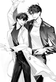 2boys ;d absurdres arms_up belt black_hair black_jacket black_shirt closed_eyes coat cowboy_shot dancing greyscale grin highres holding_hands jacket kim_dokja lantercat male_focus monochrome multiple_boys omniscient_reader&#039;s_viewpoint one_eye_closed open_clothes open_coat open_mouth outstretched_arm popped_collar shirt short_hair smile spinning white_coat white_shirt yoo_joonghyuk