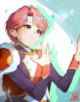 1girl blush buttons closed_mouth commentary drop_shadow earrings fur-trimmed_jacket fur_trim green_background hands_up highres isurugi_futaba jacket jacket_on_shoulders jewelry light_particles long_sleeves looking_ahead multicolored_jacket parted_bangs purple_eyes purple_jacket red_hair red_jacket red_sash sanoon sash short_hair shoujo_kageki_revue_starlight shoulder_sash smile solo sparkle symbol-only_commentary two-tone_background two-tone_jacket upper_body white_background white_jacket