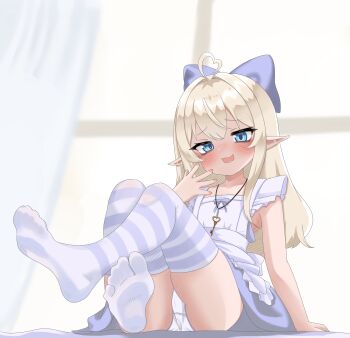 Rule 34 | ahoge, apron, ass, blonde hair, blue eyes, blush, bow, curtains, elf, feet, flat chest, heart, heart ahoge, indie virtual youtuber, key, key necklace, kiss alice (vtuber), large bow, long hair, necklace, panties, pointy ears, ribbon, smug, socks, thighhighs, toes, underwear, upskirt, white panties, window