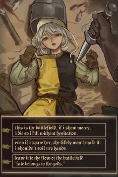 1boy 1girl absurdres after_battle belt blood blue_eyes brown_gloves clenched_hands commentary crying crying_with_eyes_open dagger dialogue_options english_commentary english_text gambeson gameplay_mechanics gloves grey_hair helm helmet highres holding holding_dagger holding_knife holding_weapon imminent_death kkghost_tv knife lying medieval missing_tooth nosebleed on_back on_ground open_mouth original pov pov_hands reverse_grip severed_finger solo_focus tears trembling tunic weapon