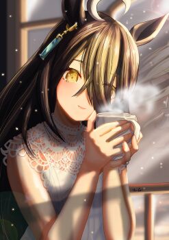 Rule 34 | 1girl, ahoge, animal ears, black hair, blush, breasts, closed mouth, commentary request, cup, dated commentary, ear tag, earrings, hair between eyes, highres, holding, holding cup, horse ears, horse girl, jewelry, long bangs, long hair, long hair between eyes, looking at viewer, manhattan cafe (umamusume), multicolored hair, otono (bkt4b), reflection, shirt, single earring, small breasts, smile, solo, steaming cup, umamusume, very long hair, white hair, white shirt, window, yellow eyes
