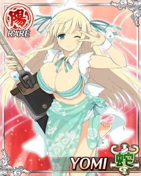 Rule 34 | 1girl, aqua bikini, aqua eyes, aqua ribbon, aqua sarong, bare shoulders, bikini, blonde hair, border, breasts, card (medium), character name, cleavage, closed mouth, game cg, greatsword, hair ornament, hair ribbon, hairclip, headdress, holding, holding sword, holding weapon, huge weapon, large breasts, long hair, looking at viewer, navel, official art, one eye closed, red background, ribbon, sarong, see-through clothes, see-through sarong, senran kagura, senran kagura new wave, smile, solo, standing, standing on one leg, swimsuit, sword, third-party source, v, v over eye, very long hair, weapon, white wrist cuffs, wrist cuffs, yomi (senran kagura)