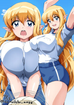 1girl arms_up artist_name blonde_hair blue_background blue_eyes blue_shorts breasts breasts_squeezed_together commentary_request cowboy_shot dated elf gym_shirt large_breasts long_hair looking_at_viewer multiple_views nafta open_mouth pointy_ears shirt shirt_tucked_in short_shorts shorts smile teeth tiffania_westwood twitter_username upper_teeth_only v_arms very_long_hair white_shirt zero_no_tsukaima