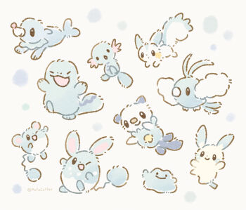 Rule 34 | :3, :d, ;d, azumarill, brionne, character request, closed eyes, closed mouth, commentary request, ditto, gen 1 pokemon, gen 2 pokemon, gen 3 pokemon, gen 4 pokemon, gen 7 pokemon, highres, marill, minun, mofucoffee, nintendo, no humans, one eye closed, open mouth, pachirisu, piplup, pokemon, pokemon (creature), pokemon focus, simple background, smile, swablu, white background, wooper