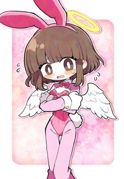 1girl angel angel_wings animal_ears blush border bow bowtie breasts bright_pupils brown_eyes brown_hair buttons cleavage clenched_hands commentary corset covering_chest covering_privates english_commentary fake_animal_ears fake_tail flying_sweatdrops funamusea_(style) hairband halo highres open_mouth original outline pants parody pink_background pink_bow pink_bowtie pink_hairband playboy_bunny purple_corset purple_pants purple_shirt pwncessmiffy rabbit_ears rabbit_tail shirt small_breasts solo style_parody sweat tail wavy_mouth white_border white_outline white_pupils white_wings wings