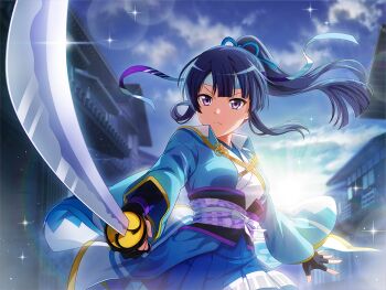 Rule 34 | 1girl, black gloves, blue haori, blue skirt, closed mouth, cosplay, fingerless gloves, floating hair, frown, game cg, gloves, haori, headband, hijikata toshizou, hijikata toshizou (cosplay), holding, holding sword, holding weapon, japanese clothes, katana, kimono, long sleeves, looking at viewer, morning, obi, official art, ponytail, purple eyes, purple hair, sash, shinsengumi, shoujo kageki revue starlight, shoujo kageki revue starlight -re live-, skirt, solo, standing, sun, sword, tomoe tamao, upper body, v-shaped eyebrows, weapon, white headband, white kimono, wide shot