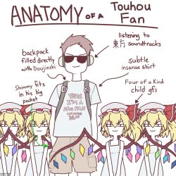 Rule 34 | 1boy, 4girls, absurdres, anatomy of a gamer (meme), arrow (symbol), blush stickers, brown hair, brown shorts, child, closed mouth, clothes writing, english text, flandre scarlet, four of a kind (touhou), glasses, grey shirt, hands in pockets, harem, headphones, height difference, highres, looking at viewer, meme, multiple girls, opaque glasses, print shirt, shirt, short hair, short sleeves, shorts, side-by-side, simple background, standing, straight-on, sunglasses, t-shirt, touhou, username haoto, white background
