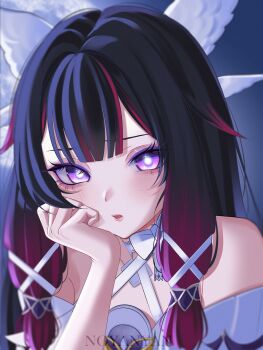 1girl absurdres artist_name bare_shoulders black_hair blush columbina_(genshin_impact) commentary genshin_impact hair_ornament hand_up head_rest highres long_hair looking_at_viewer multicolored_hair noya_nyan parted_lips purple_eyes purple_hair solo very_long_hair wing_hair_ornament