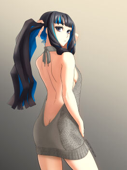 1girl absurdres ass back backless_dress backless_outfit black_hair blue_hair breasts colored_inner_hair dantonphanton dress eyeliner fate/grand_order fate_(series) grey_dress grey_eyes highres long_hair looking_at_viewer looking_back makeup medium_breasts multicolored_hair sidelocks sweater sweater_dress tenochtitlan_(fate) thighs virgin_killer_sweater