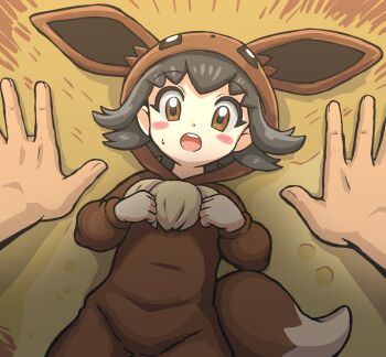 1boy 1girl :o blush_stickers brown_eyes brown_hair commentary cosplay eevee eevee_(cosplay) eevee_ears gen_1_pokemon hands_up hetero highres hood hood_up long_sleeves looking_at_viewer nintendo onesie open_mouth poke_kid_(pokemon) pokemon pokemon_swsh pov short_hair sweatdrop symbol-only_commentary takamame teeth tongue upper_teeth_only yukadon
