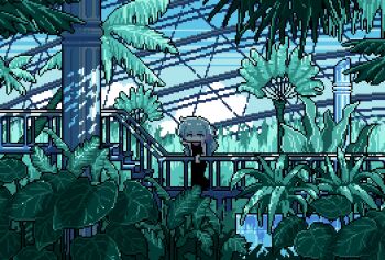 1girl black_dress chibi conservatory dappled_sunlight dress empire-hotel grey_hair hashtag-only_commentary head_rest highres long_dress long_hair nature original palm_tree pillar pixel_art plant railing scenery stairs sunlight tree walkway