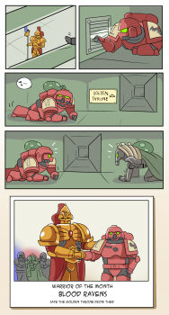 5boys adeptus_custodes armor armored_boots arrest blood blood_drop blood_ravens boots comic commentary english_commentary english_text glaive_(polearm) gold_armor handshake helmet highres imperium_of_man meme mick19988 multiple_boys musical_note necron pauldrons photo_(object) polearm power_armor red_armor curtains shoulder_armor sneaking space_marine spoken_musical_note the_office trazyn_the_infinite typo vent_(object) warhammer_40k weapon young_michael_scott_shaking_ed_truck's_hand_(meme)