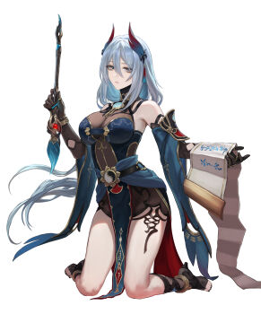 1girl absurdres bare_shoulders black_gloves breasts calligraphy_brush chinese_clothes cleavage detached_sleeves elbow_gloves gloves grey_hair hanya_(honkai:_star_rail) highres honkai:_star_rail honkai_(series) kneeling large_breasts long_hair looking_at_viewer michiko_(ui29) paintbrush pelvic_curtain scroll see-through_cleavage see-through_clothes toeless_legwear toes white_background