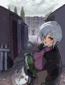 1girl anastasia_(idolmaster) bag black_jacket blush breast_press breasts building carrying carrying_under_arm commentary_request day fence from_side grey_eyes grey_hair highres holding holding_jar idolmaster jacket jar khrushchevka looking_at_viewer looking_to_the_side medium_breasts niku-name open_clothes open_jacket open_mouth outdoors overcast paper_bag pickle purple_sweater russia short_hair sky smile solo sweater turtleneck turtleneck_sweater upper_body