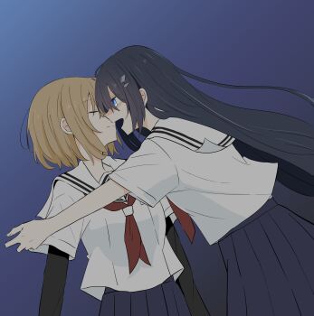 Rule 34 | 2girls, black hair, blonde hair, blue background, blue eyes, blue skirt, closed eyes, closed mouth, gradient background, hair ornament, highres, imminent kiss, layered sleeves, long sleeves, multiple girls, neckerchief, nemu1423, open mouth, oumi shiori, pleated skirt, red neckerchief, sailor collar, school uniform, serafuku, shirt, short hair, short over long sleeves, short sleeves, skirt, smile, watashi wo tabetai hitodenashi, white sailor collar, white shirt, yaotose hinako, yuri