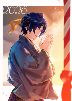 1boy 2026 asaba_harumasa black_hair black_kimono commentary_request headband japanese_clothes kimono long_sleeves male_focus open_mouth short_hair solo takashina_yuu yellow_eyes yellow_headband zenless_zone_zero