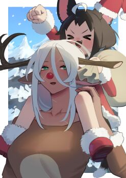 >_< 2girls :3 :d absurdres age_difference ahoge animal_ears antlers aqua_eyes bare_legs black_hair blush breasts broken_antler carrying christmas clenched_hand closed_eyes clown_nose collarbone commentary dark-skinned_female dark_skin day deer_antlers deer_ears deer_girl deer_teacher_(tostantan) english_commentary fang fir_tree fur-trimmed_headwear fur-trimmed_shoes fur-trimmed_sleeves fur_trim hair_between_eyes hat highres horns large_breasts long_hair long_hair_between_eyes long_sleeves mini_hat mini_santa_hat multicolored_hair multiple_girls open_mouth original outdoors pom_pom_(clothes) red_hat red_shoes sack santa_costume santa_hat scar scar_on_face shoes short_hair shoulder_carry smile snow tostantan tree two-tone_hair upper_body v-shaped_eyebrows white_hair x3 xd