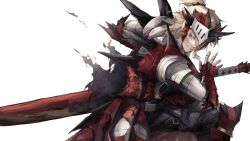Rule 34 | 1boy, ankoro mochi, arknights, armor, breasts, brown eyes, fake horns, fighting stance, forehead protector, grey hair, grin, highres, horns, male focus, medium breasts, noir corne (arknights), official alternate costume, rathalos (armor), rathalos s noir corne (arknights), ready to draw, sheath, sheathed, shoulder spikes, smile, solo, spikes, sword, weapon, white background