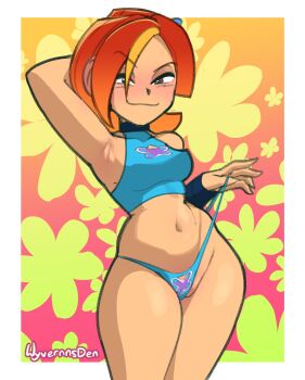 1girl arm_up armpits arms_up artist_name asymmetrical_bangs bare_shoulders blue_panties blue_shirt blush border breasts brown_eyes butterfly_(planetronika) closed_mouth commentary covered_collarbone cowboy_shot crop_top english_commentary floral_background gradient_background gradient_hair highleg highleg_panties highres impossible_clothes looking_at_viewer medium_breasts medium_hair multicolored_hair navel orange_background orange_hair panties panty_pull partially_visible_vulva patterned_background pink_background planetronika shirt smile smug solo stomach thick_thighs thighs thong thong_panties two-tone_hair underwear undressing white_border wide_hips wyvernn xurvy