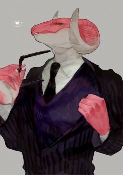 1boy black_suit blue_sweater buchou_wa_onee colored_skin cowboy_shot dragon_boy falnail_vincent formal_clothes furry furry_male glasses grey_background heart holding holding_removed_eyewear horns jacket looking_at_viewer male_focus nagabe open_mouth pink_skin simple_background spoken_heart striped_clothes striped_jacket suit sweater unworn_eyewear yellow_eyes