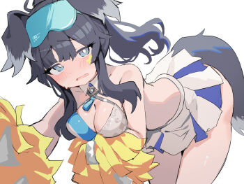 1girl animal_ears black_hair blue_archive blue_eyes blush breasts cheerleader cleavage commentary_request dog_ears dog_girl dog_tail goggles goggles_on_head halo hibiki_(blue_archive) hibiki_(cheer_squad)_(blue_archive) highres holding holding_pom_poms long_hair looking_at_viewer millennium_cheerleader_outfit_(blue_archive) official_alternate_costume open_mouth pom_pom_(cheerleading) pom_poms simple_background skirt solo star_(symbol) star_sticker sticker sticker_on_face tail user_dkay7375 white_background yellow_halo