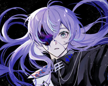 Rule 34 | 1boy, aka shiro mt, black background, black shirt, blue hair, collared shirt, commentary request, cracked skin, galaxy, green eyes, highres, hollow body, hoshirube sho, hoshirube sho (1st costume), jacket, long hair, looking at viewer, male focus, multicolored hair, nijisanji, purple hair, shirt, sidelocks, simple background, single off shoulder, solo, star (sky), streaked hair, surprised, upper body, very long hair, virtual youtuber, white jacket, wide-eyed