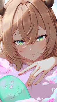 1girl absurdres animal_ears biting_own_lip blush brown_hair clip_studio_paint_(medium) close-up collarbone commentary crossed_bangs double-parted_bangs english_commentary ferd_jk fingernails green_eyes hair_intakes highres indie_virtual_youtuber looking_at_viewer lying naplings_(nimi_nightmare) nimi_nightmare on_stomach parted_lips pillow short_hair sidelocks signature solo tapir_ears tapir_girl virtual_youtuber