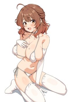 1girl absurdres ahoge bikini breasts brown_eyes brown_hair choker cleavage collarbone commentary_request elbow_gloves gakuen_idolmaster gloves hanami_ume highres idolmaster large_breasts looking_at_viewer medium_hair navel open_mouth revision seihekiog smile solo swimsuit thighhighs thighs white_bikini white_gloves white_thighhighs