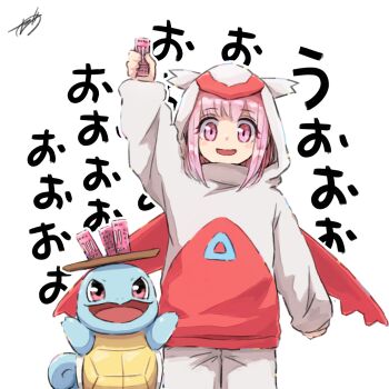 1girl arm_up can commentary_request cosplay eyelashes gen_1_pokemon gen_3_pokemon highres holding holding_can latias latias_(cosplay) legendary_pokemon monster_energy nintendo open_mouth pink_eyes pink_hair pokemon pokemon_(creature) squirtle translation_request upper_body white_background zeni_maru