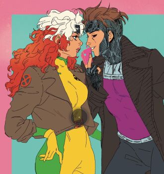 1boy 1girl aqua_background black_gloves black_pants black_sclera bodysuit breasts brown_coat brown_hair brown_jacket card coat colored_sclera couple fingerless_gloves gambit gloves green_bodysuit headband hetero highres holding holding_card jacket large_breasts leslie_hung long_hair marvel multicolored_bodysuit multicolored_hair pants parted_lips pink_background purple_shirt red_eyes red_hair rogue_(x-men) shirt short_hair smile superhero_costume teeth two-tone_background two-tone_bodysuit two-tone_hair upper_body wavy_hair white_hair x-men yellow_bodysuit yellow_gloves