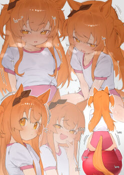 1girl :d animal_ears ass ball black_ribbon blush bouncing bow buruma ear_ribbon grey_background gym_shirt gym_uniform heavy_breathing highres horse_ears horse_girl horse_tail loli long_hair looking_at_viewer mayano_top_gun_(umamusume) multiple_views open_mouth orange_eyes orange_hair pink_buruma ribbon shirt simple_background smile tail two_side_up umamusume white_shirt xaea_xp