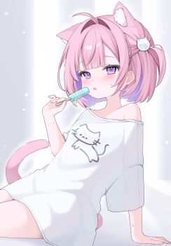 1girl ahoge animal_ear_fluff animal_ears arm_support bare_shoulders blush cat_ears cat_girl cat_tail eating food hair_intakes highres leaning_back no_pants off_shoulder one_side_up open_mouth original pink_eyes pink_hair popsicle shirt short_hair sitting solo tail thighs warewa_tanaka white_shirt