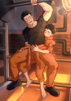 2boys absurdres age_difference akitaru_oubi ancpaghetti bara barefoot black_hair blush collarbone dry_humping en'en_no_shouboutai exercising full_body highres humping looking_at_another male_focus multiple_boys muscular muscular_male muscular_uke onii-shota red_eyes sexually_suggestive sharp_teeth shinra_kusakabe shirt shotadom size_difference sweat sweatdrop teeth thighs weightlifting weights yaoi