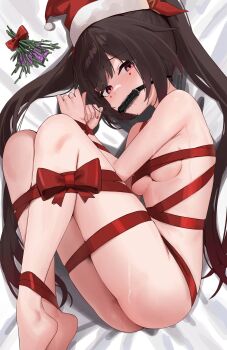 1girl absurdres bed_sheet breasts commentary_request fetal_position gag hat highres honkai:_star_rail honkai_(series) looking_at_viewer lying medium_breasts naked_ribbon on_side purple_eyes restrained ribbon santa_hat skai_kun solo sparkle_(honkai:_star_rail) sweat twintails