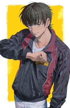 Rule 34 | 1boy, absurdres, ace of diamond, border, brown eyes, brown hair, cleaned, clenched hand, closed mouth, commentary request, highres, jacket, korean commentary, light smile, looking at viewer, male focus, outside border, owwellowww, pants, partially unzipped, sawamura eijun, seidou high school jacket, short hair, simple background, solo, white border, white pants, zipper