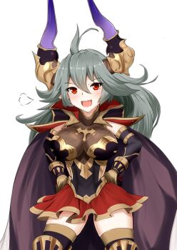 1girl :d ahoge breasts commentary_request cowboy_shot draph fangs granblue_fantasy grey_hair hair_between_eyes hands_on_own_hips highres horns large_breasts long_hair looking_at_viewer open_mouth pointy_ears red_eyes red_skirt simple_background skirt smile solo takitsubo threo_(granblue_fantasy) white_background
