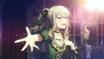 1girl :d blush choker collarbone colorful_palette game_cg green_choker green_hair hand_on_own_chest highres kusanagi_nene light_particles long_hair looking_afar official_art omoi_wo_nosete!_dream_stage_(project_sekai) open_mouth outstretched_arm ponytail project_sekai purple_eyes sidelocks smile solo sparkle sweatdrop teeth third-party_source tongue upper_teeth_only