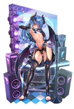 1girl absurdres armpits bare_shoulders blue_eyes blue_flower blue_hair blue_nails blue_rose blush breasts concert covered_erect_nipples demon_horns demon_tail demon_wings feet flat_chest flower gloves high_heels highres hololive horns hoshimachi_suisei jagoo latex latex_gloves latex_thighhighs lightning long_hair microphone midriff musical_note nail_polish navel nipple_slip nipples panties pantyhose pubic_tattoo revealing_clothes rose small_breasts stage stereo tail tattoo thighhighs underwear virtual_youtuber wings