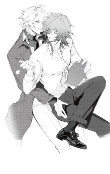 2boys absurdres antenna_hair black_pants black_shoes black_socks black_sweater chinese_commentary cloxxia coat collared_shirt commentary_request greyscale highres holding holding_stuffed_toy honkai:_star_rail honkai_(series) male_focus monochrome multiple_boys mydei_(honkai:_star_rail) official_alternate_costume open_clothes open_coat pants parted_bangs phainon_(honkai:_star_rail) phainon_(luckin_coffee)_(honkai:_star_rail) shirt shoes short_hair simple_background socks stuffed_animal stuffed_toy sweater turtleneck turtleneck_sweater white_background white_pants white_shirt wuming63716 yaoi